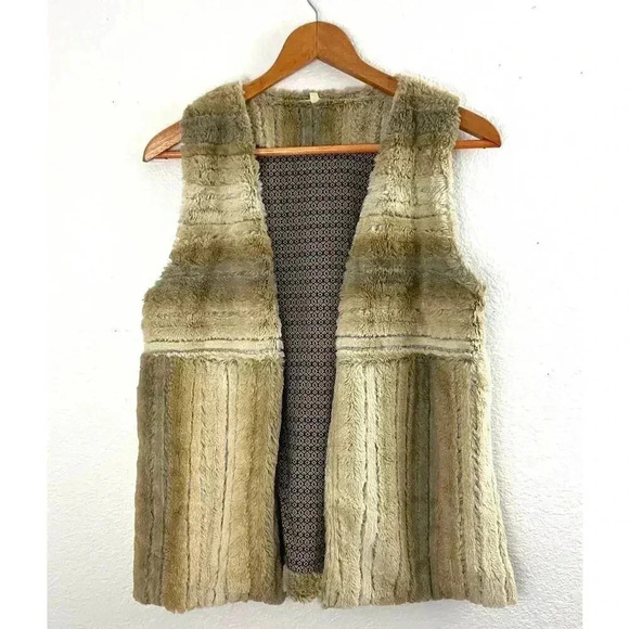 Faux Fur Beige MEDIUM Lining Pattern Open Vest Women's Mystree - Picture 13 of 13
